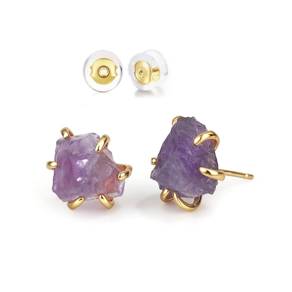 Natural Amethyst Raw Gemstone Handmade Prong Setting Stud Earrings in Gold